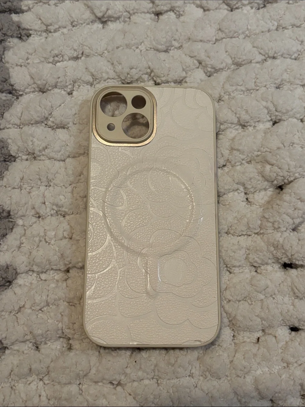 White Floral Embossed Phone Case with Gold Camera Trim